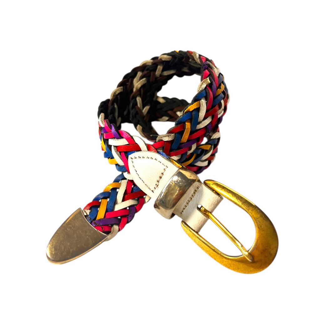 Vintage Womens Leather Belt Woven Multi Colored Small-Medium Adjustable